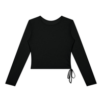 T-shirt femme manches longues crop top froncé noir, vue de face