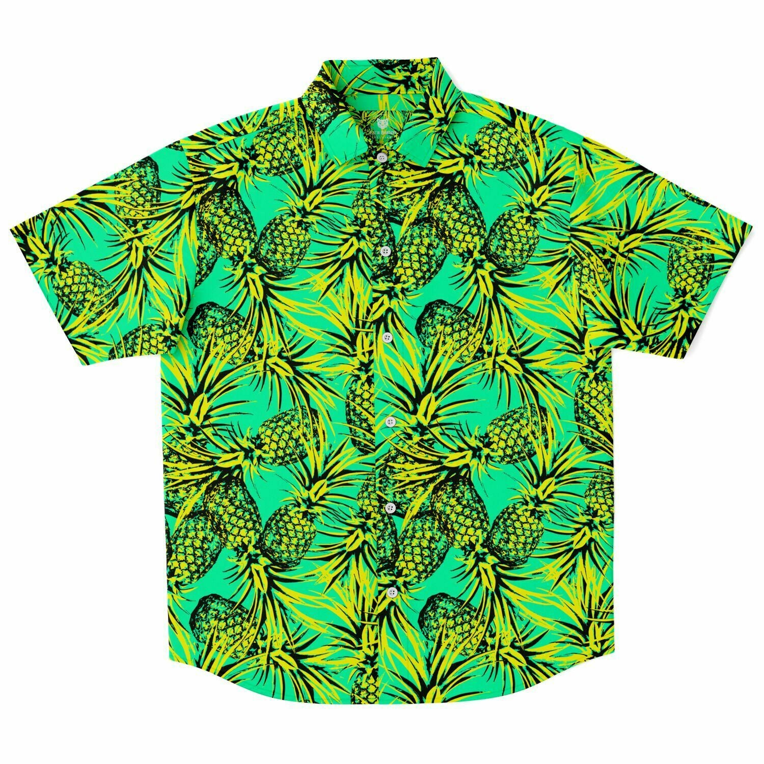 Chemise homme manches courtes vert fluo à ananas, vue de face à plat