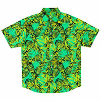 Chemise homme manches courtes vert fluo à ananas, vue de face à plat