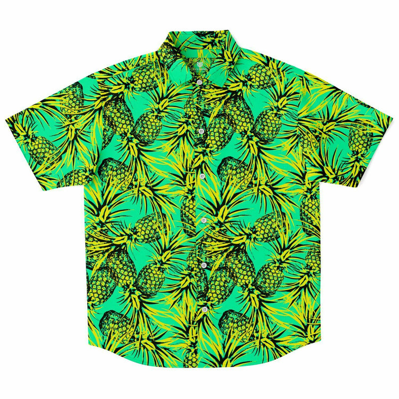 Chemise homme manches courtes vert fluo à ananas, vue de face à plat