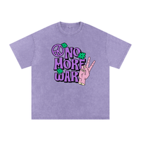 T-shirt oversized No More War violet délavé - symbole peace, fleurs vertes et main en V