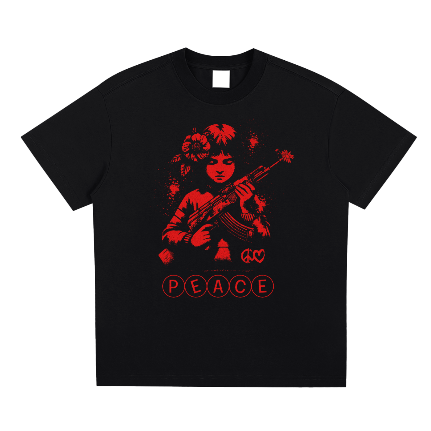 T-shirt oversized Peace noir à plat - illustration rouge d'une jeune fille au fusil fleuri