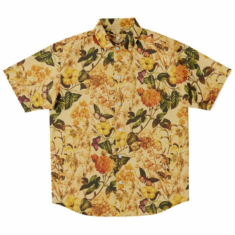 Chemise homme manches courtes ocre à fleurs jaunes, vue de face à plat