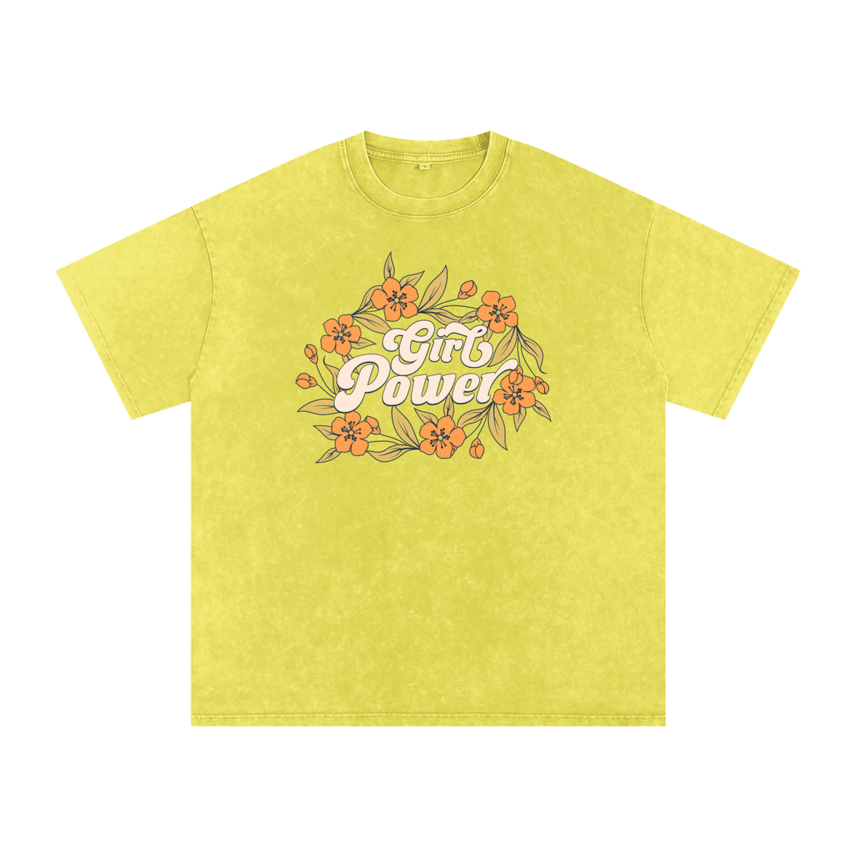 T-shirt femme oversized Girl Power en jaune citron - lettrage arrondi et fleurs orange