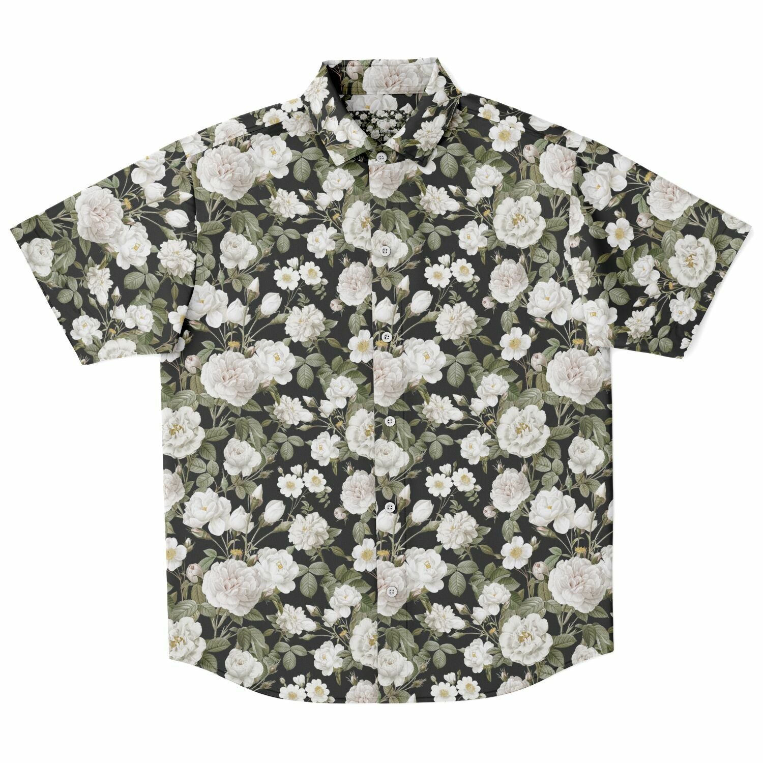 Chemise homme manches courtes noire à pivoines blanches, vue de face à plat