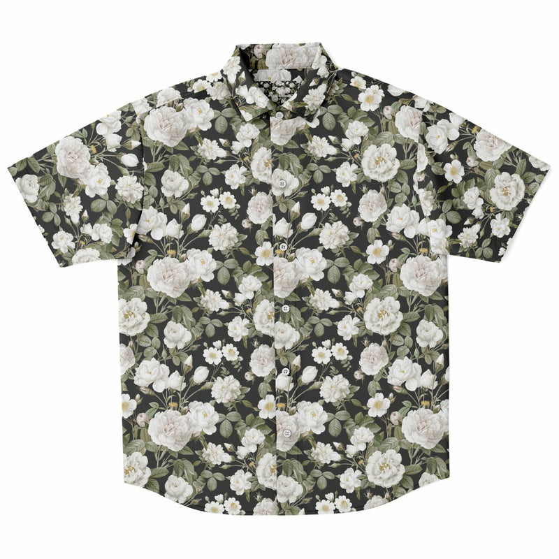 Chemise homme manches courtes noire à pivoines blanches, vue de face à plat