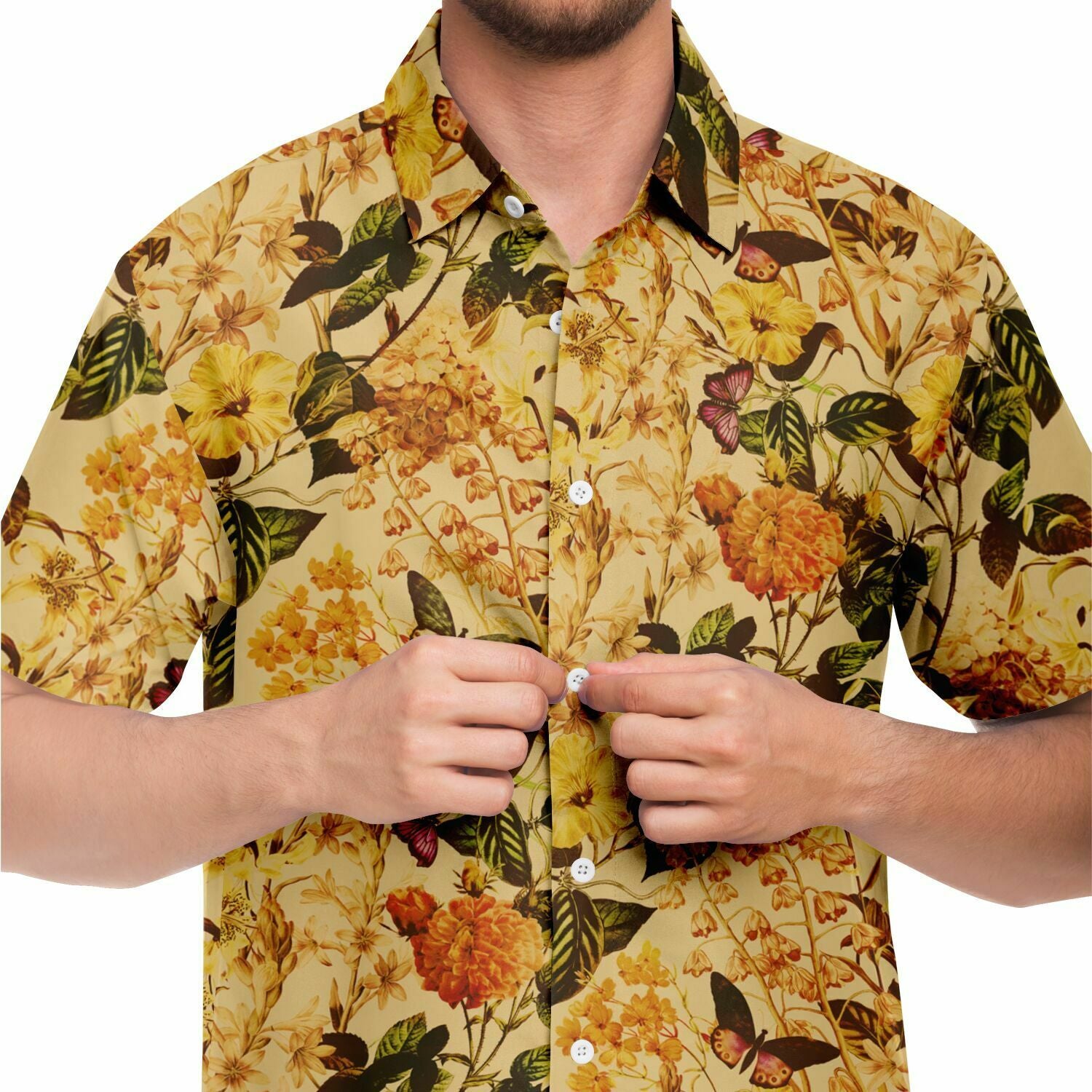 Chemise homme manches courtes ocre à fleurs jaunes, gros plan sur l'imprimé