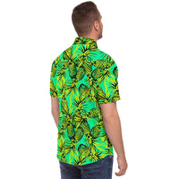 Chemise homme manches courtes vert fluo à ananas, portée, profil droit