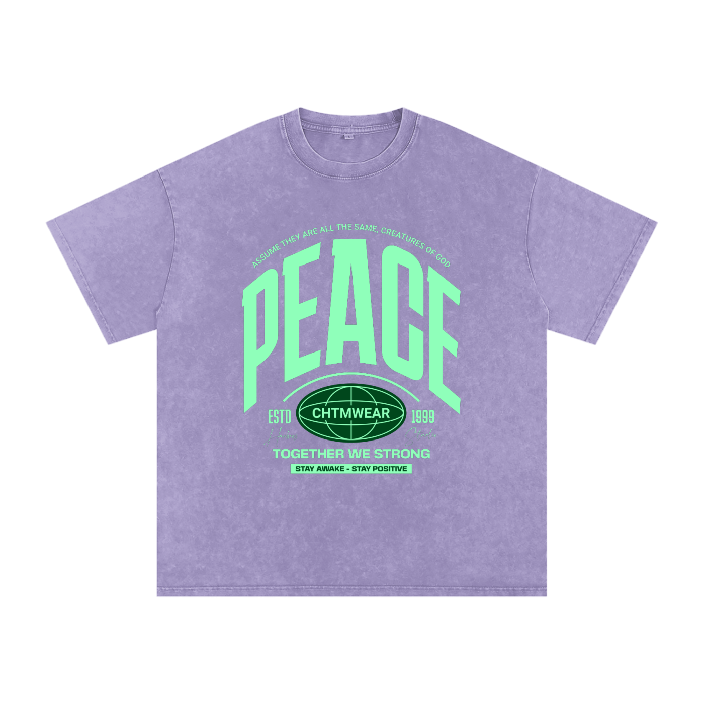 T-shirt oversized PEACE en violet clair délavé - typographie varsity verte et petit globe