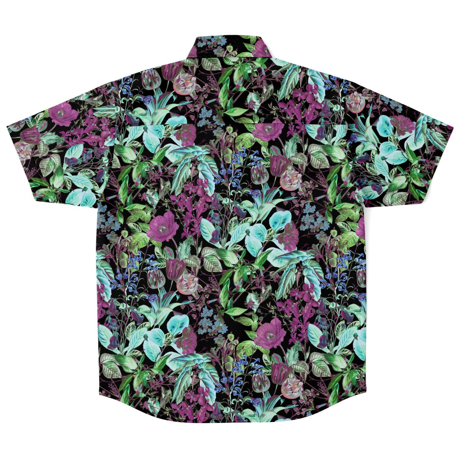 Chemise homme manches courtes feuillage vert et mauve, vue de dos à plat
