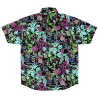 Chemise homme manches courtes feuillage vert et mauve, vue de dos à plat