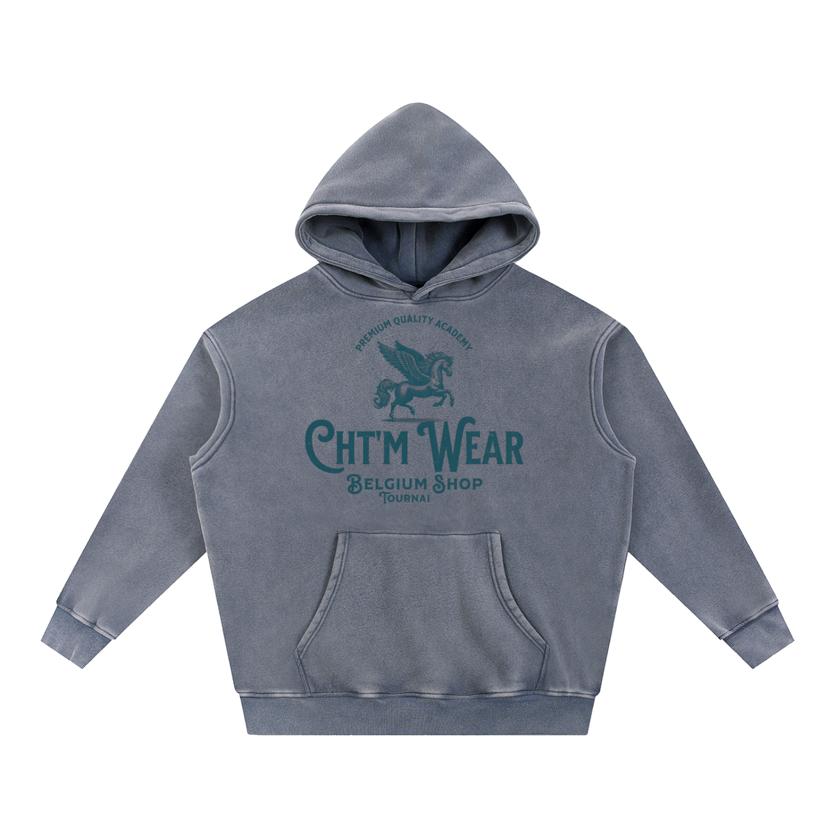 Hoodie oversize délavé CHT'M Wear bleu roi, vue de face avec le design pégase Belgium Shop Tournai