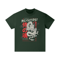 T-shirt oversized enfant Bushido en vert foncé - imprimé dragon japonais et kanji rouges