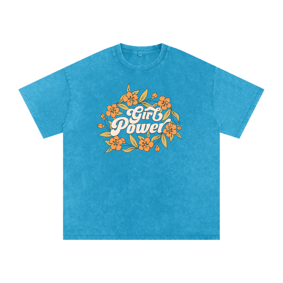 T-shirt femme oversized Girl Power en bleu turquoise - imprimé floral rétro sur coton lavé