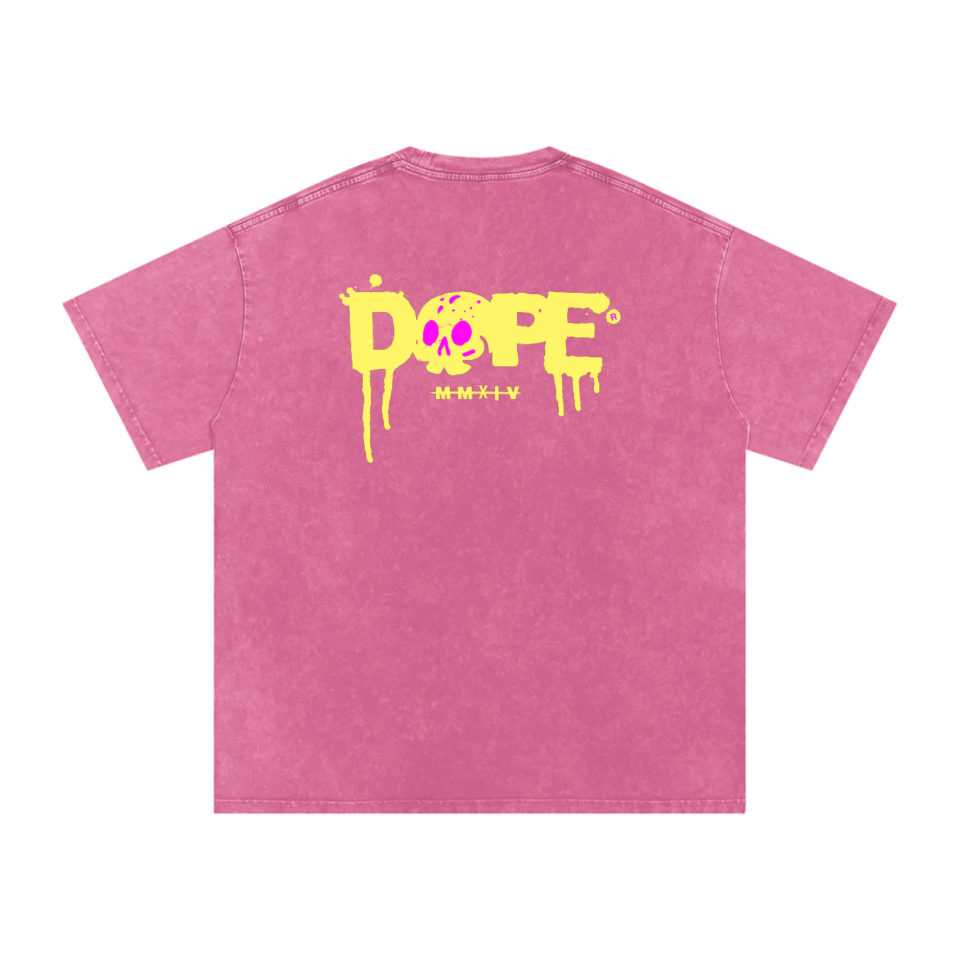 Dos du t-shirt femme oversized DOPE rose snow wash - lettrage graffiti jaune et crâne en grand