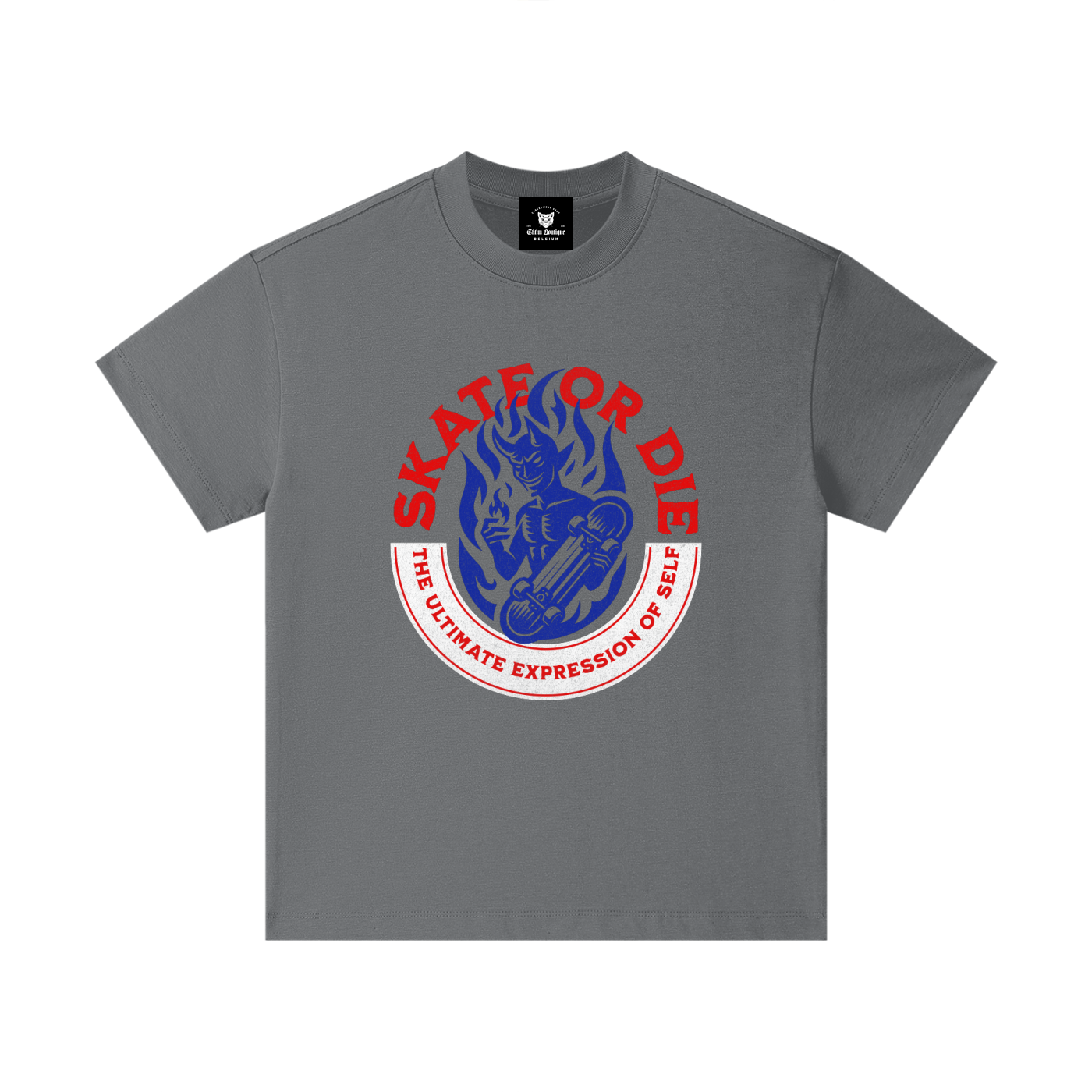 T-shirt enfant oversized Skate or Die en gris carbone - lettrage rouge en cercle
