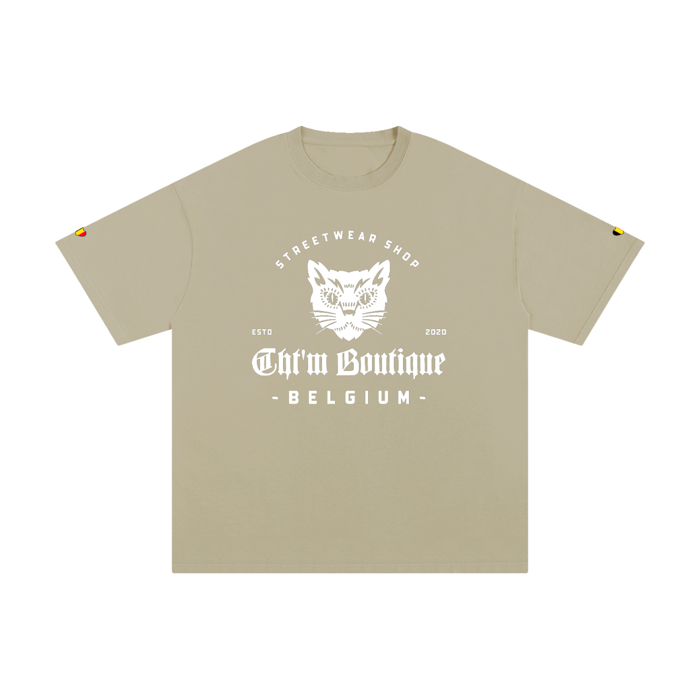 T-shirt oversized logo chat gothique en beige grisé, imprimé blanc CHT'M Belgium, vue de face