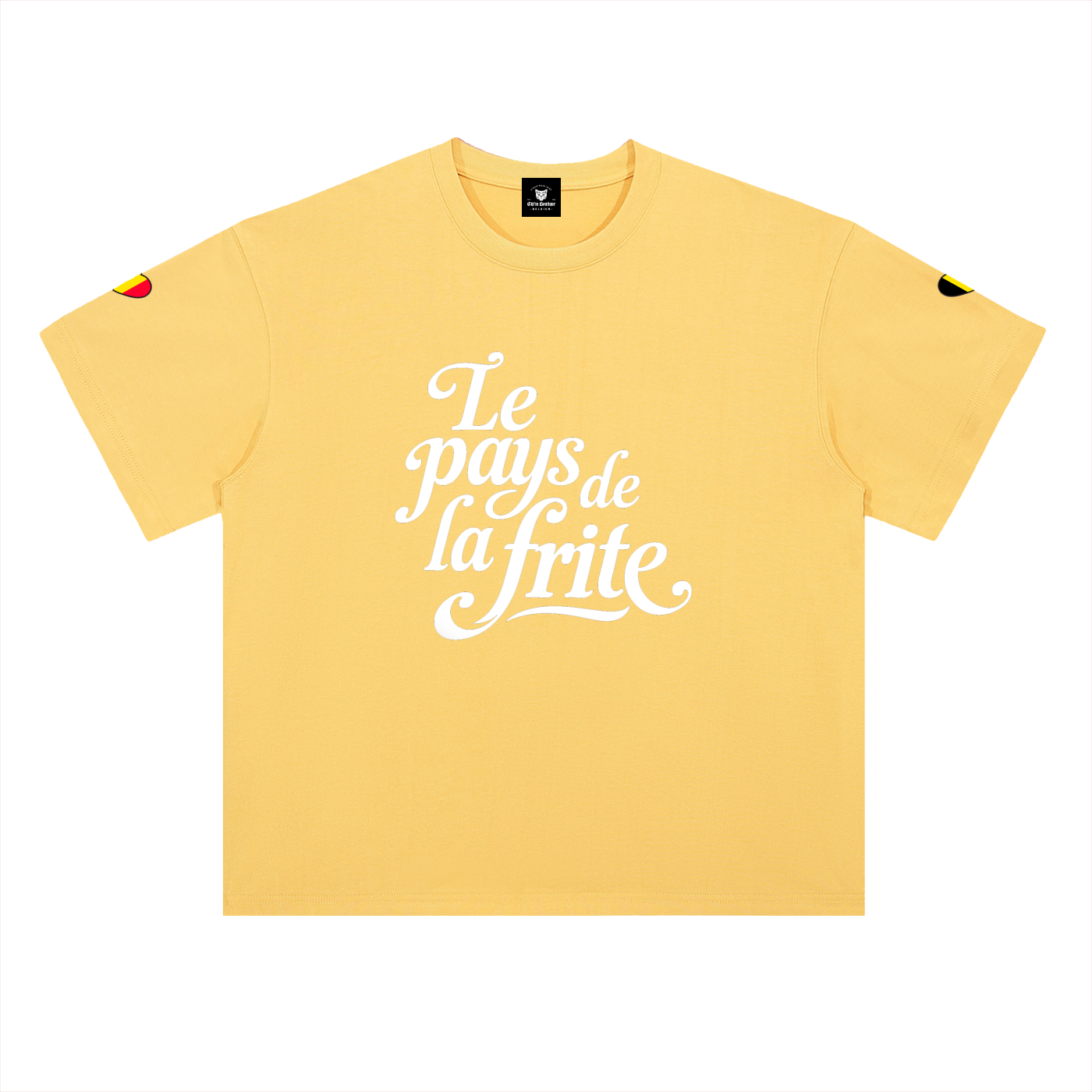 T-shirt belge oversized jaune à plat, Le Pays de la Frite et cœur noir jaune rouge