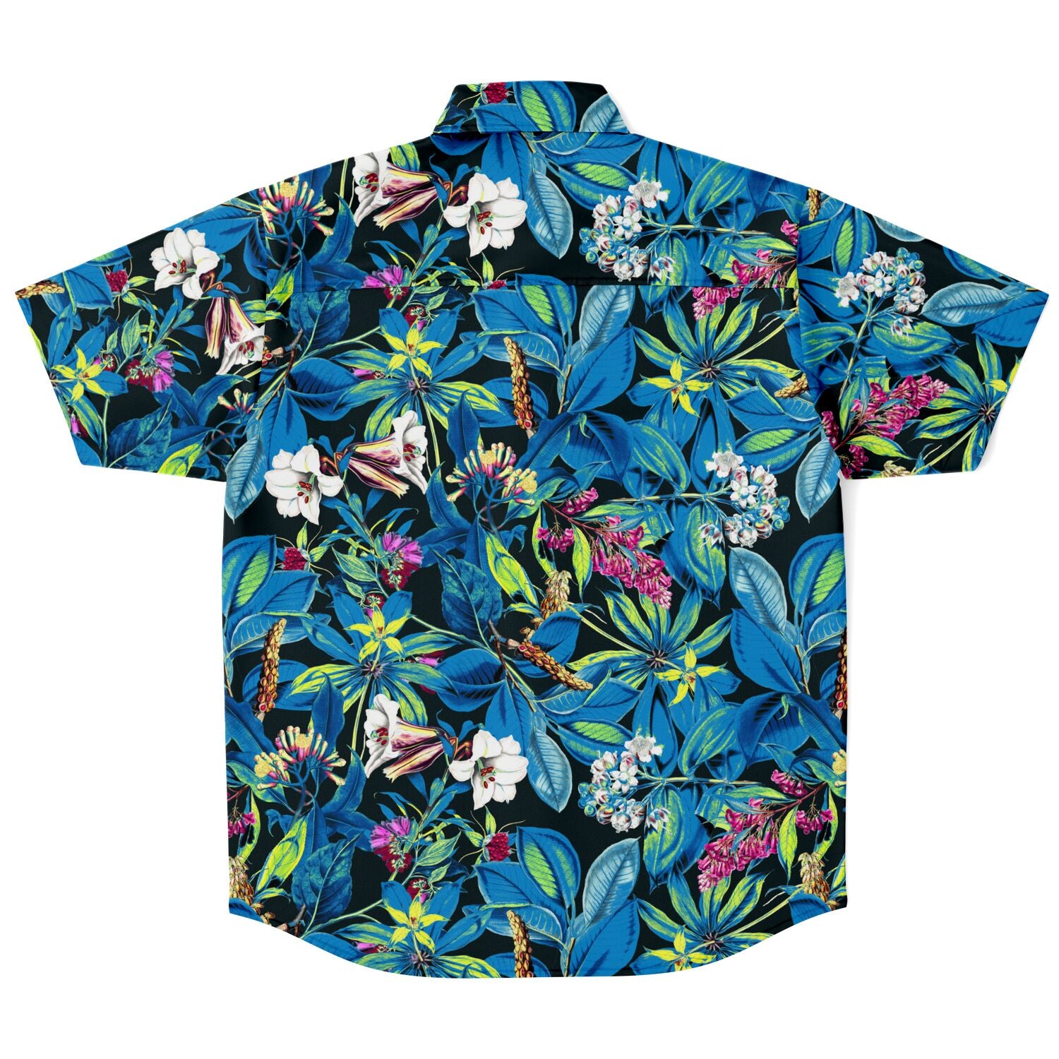 Chemise homme manches courtes bleue à feuillage tropical, vue de dos à plat