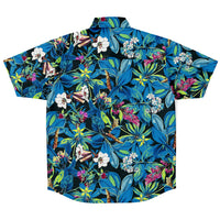 Chemise homme manches courtes bleue à feuillage tropical, vue de dos à plat