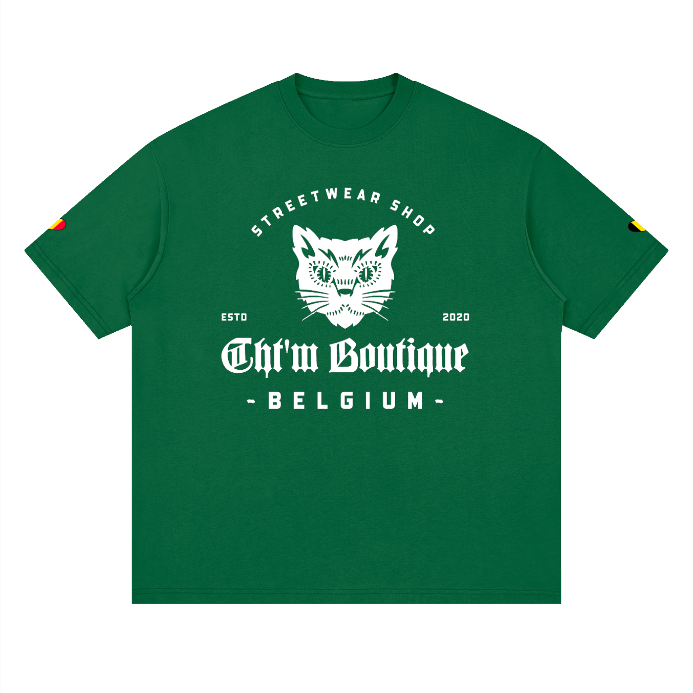 T-shirt oversized logo chat félin en vert bouteille, imprimé blanc CHT'M Belgium, vue de face