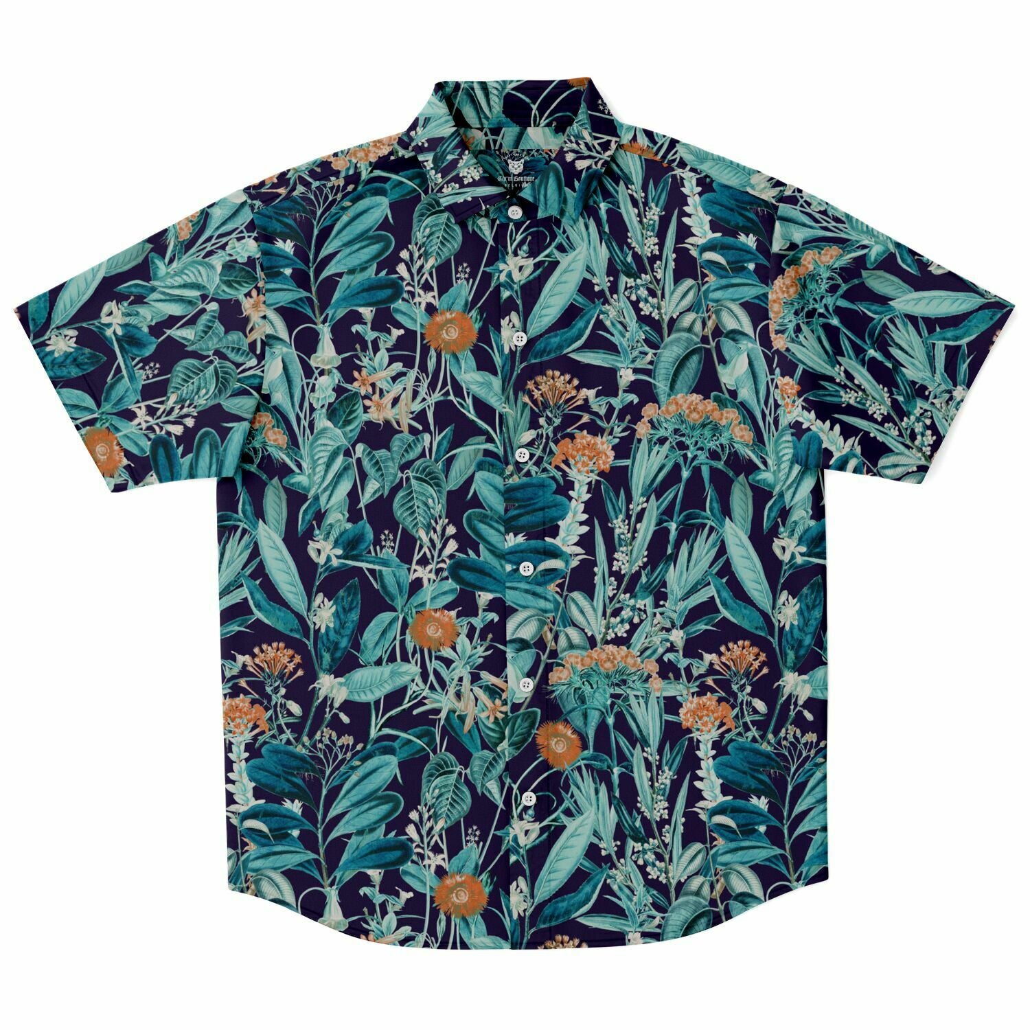 Chemise homme manches courtes jungle bleu canard, vue de face à plat