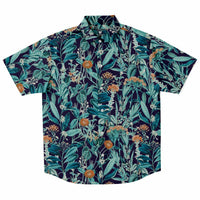 Chemise homme manches courtes jungle bleu canard, vue de face à plat