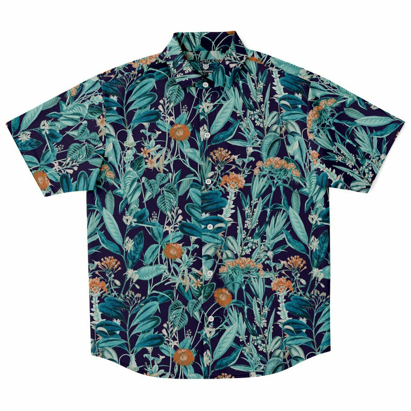Chemise homme manches courtes jungle bleu canard, vue de face à plat