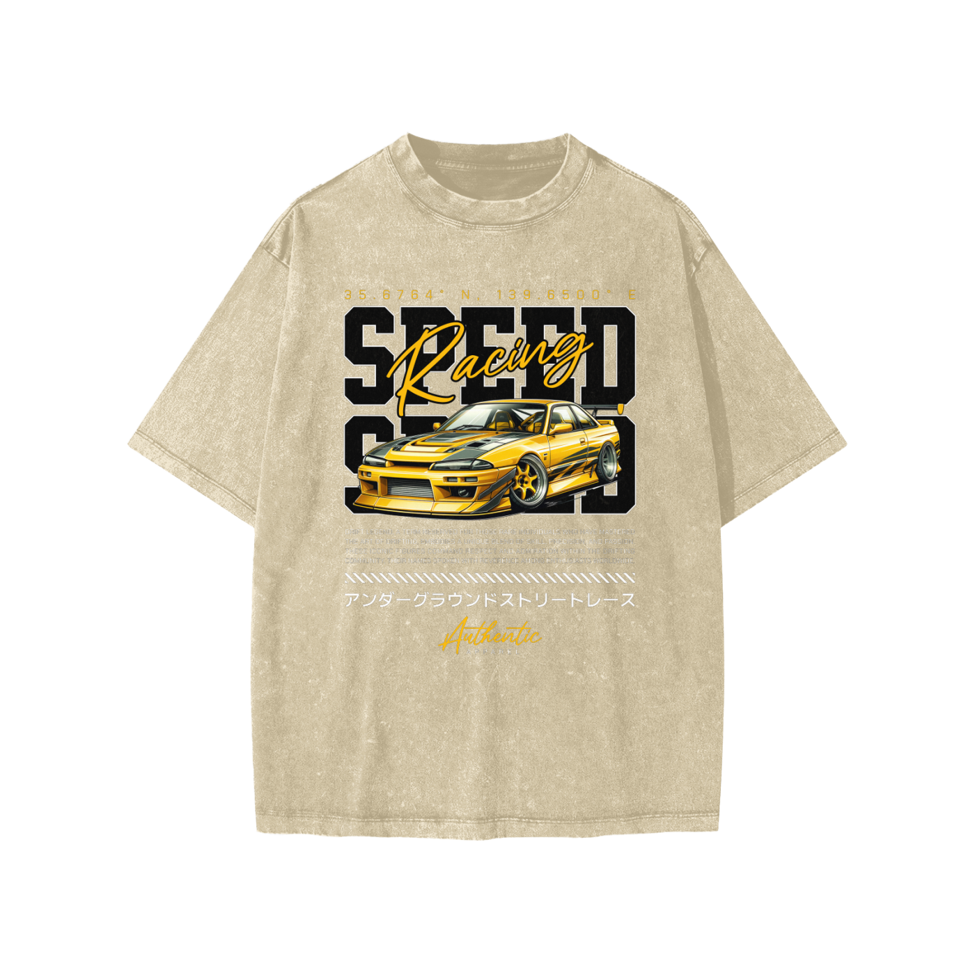 T-shirt enfant oversized délavé kaki - imprimé Speed Racing, voiture JDM et coordonnées de Tokyo