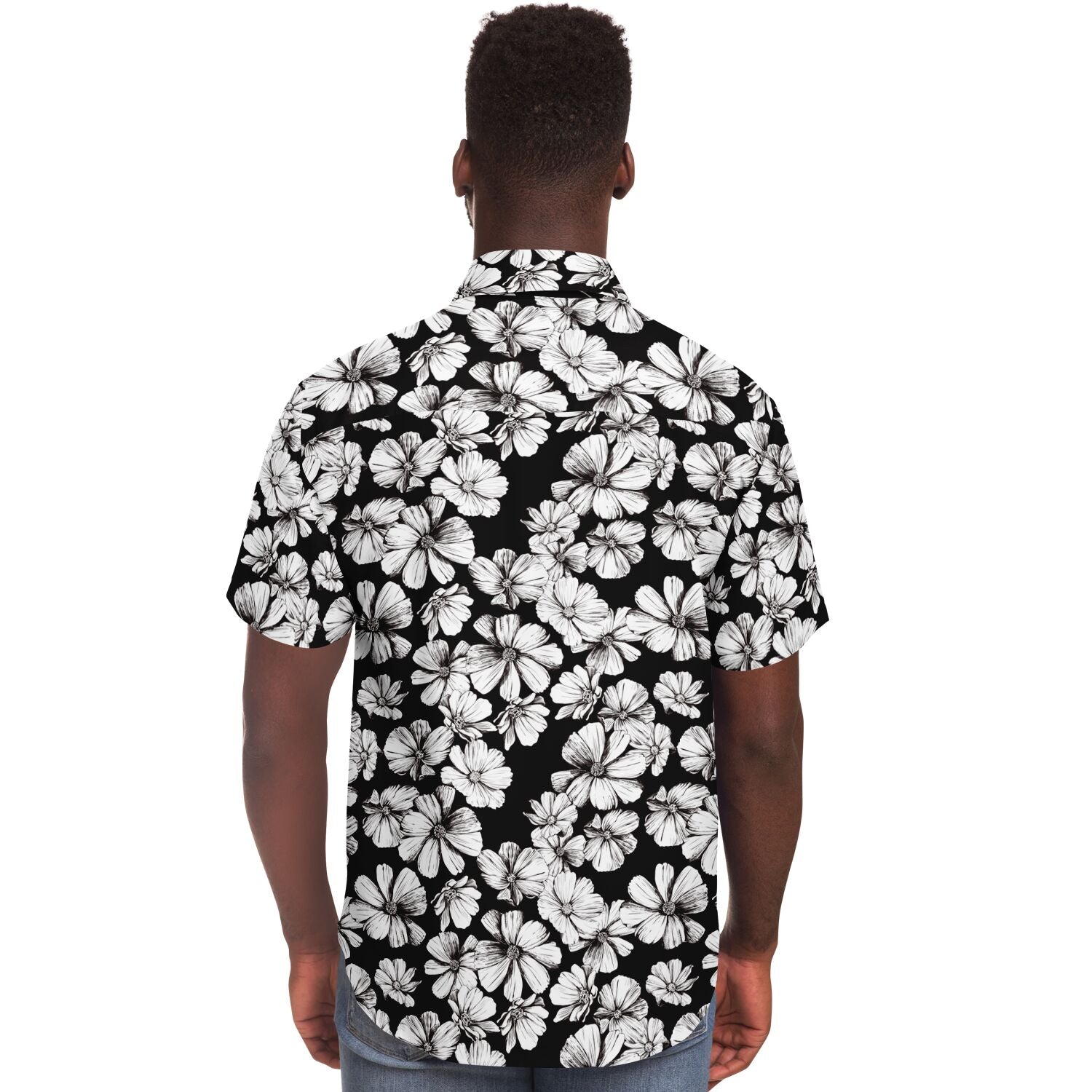 Chemise homme manches courtes noir et blanc à grandes fleurs, portée par un second mannequin, vue de dos