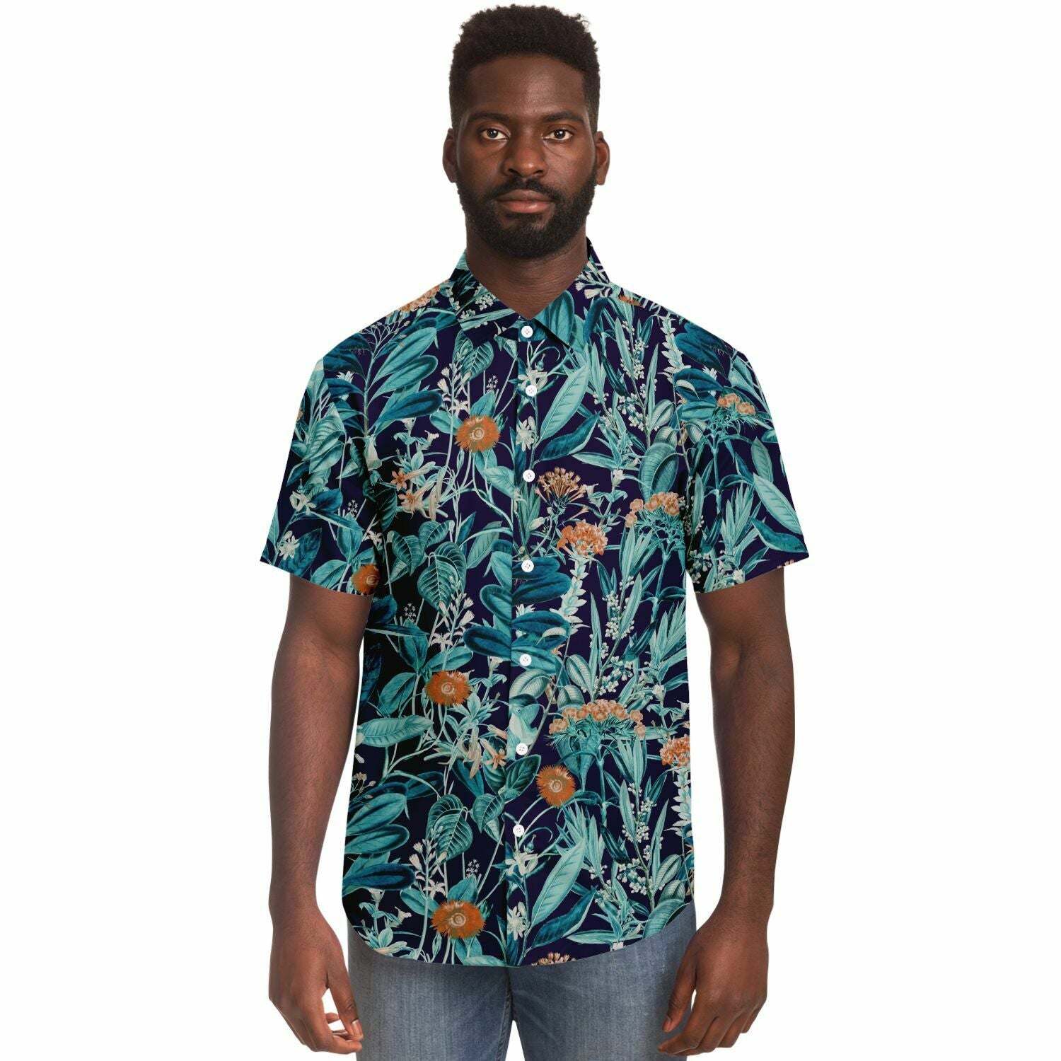Chemise homme manches courtes jungle bleu canard, portée par un second mannequin, vue de face