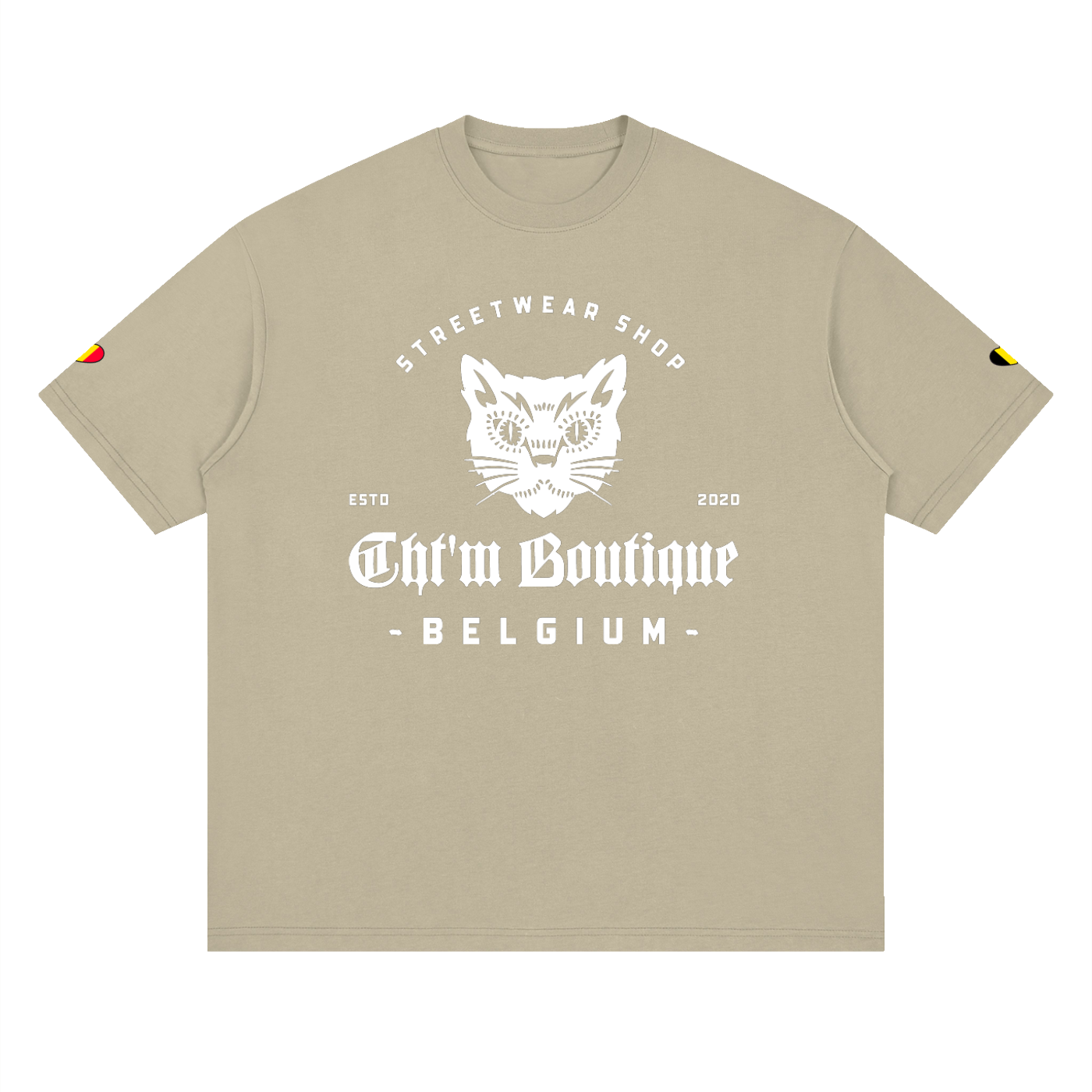 T-shirt oversized logo chat félin en beige kaki, imprimé blanc CHT'M Belgium, vue de face