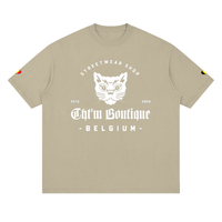 T-shirt oversized logo chat félin en beige kaki, imprimé blanc CHT'M Belgium, vue de face