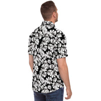 Chemise homme manches courtes noir et blanc à grandes fleurs, portée, profil droit