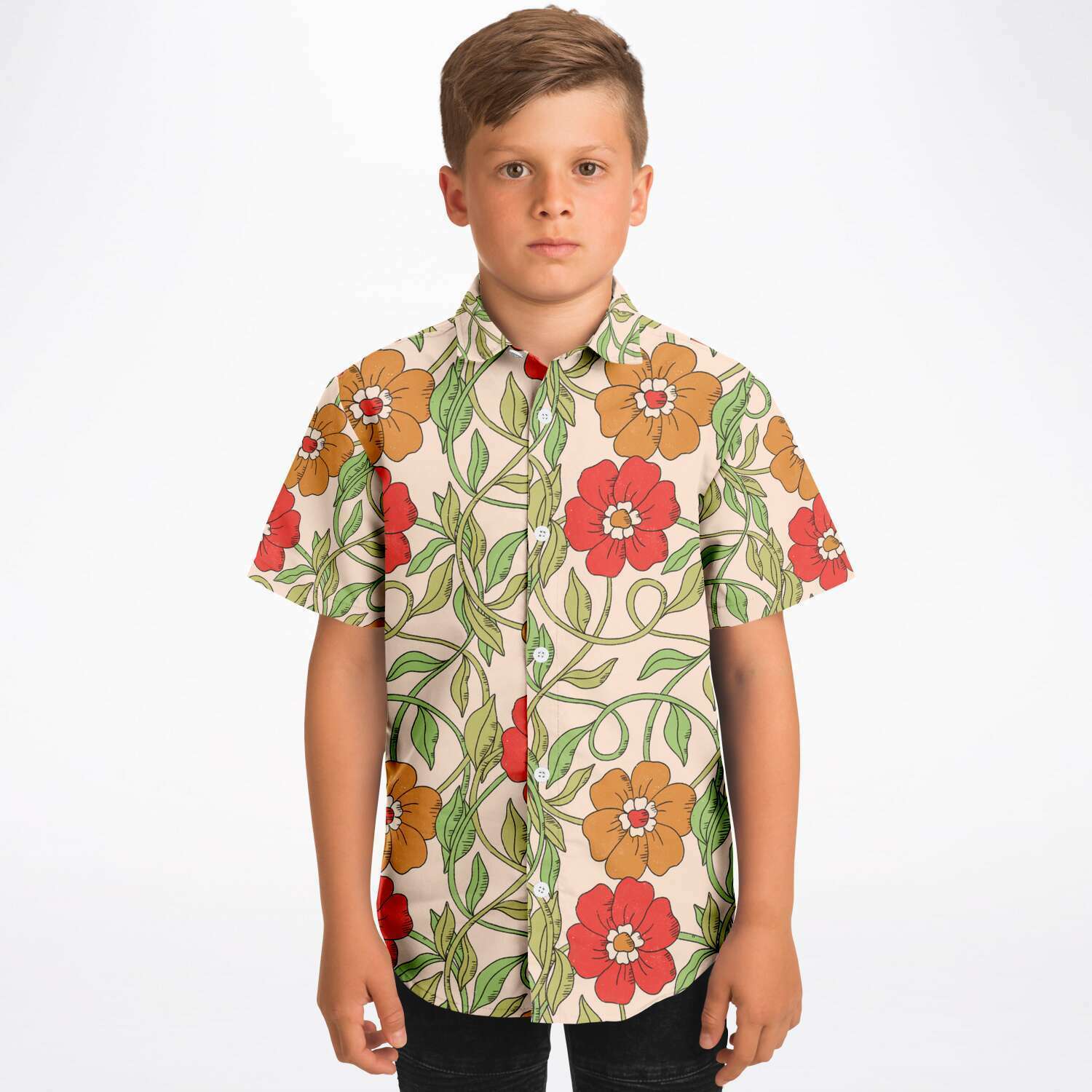 Chemise garçon originale beige à fleurs rouges manches courtes