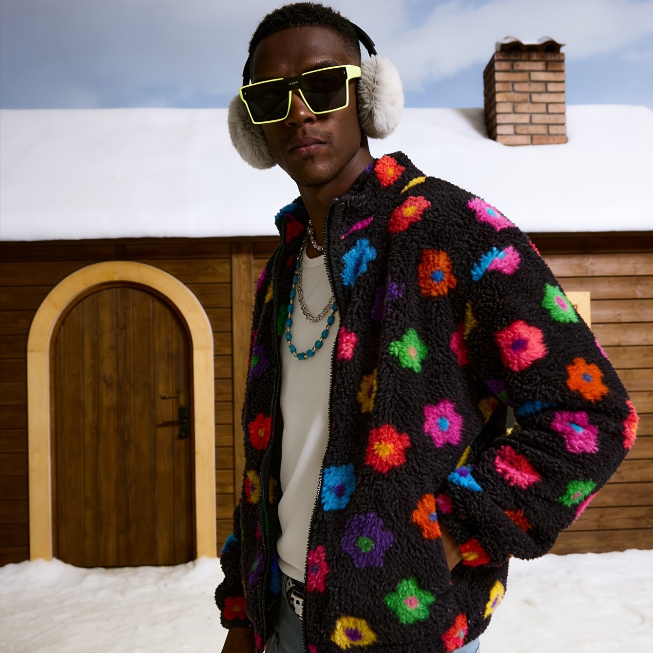 Veste polaire noire pour homme avec fleurs multicolores style streetwear urbain porté devant un chalet enneigé.
