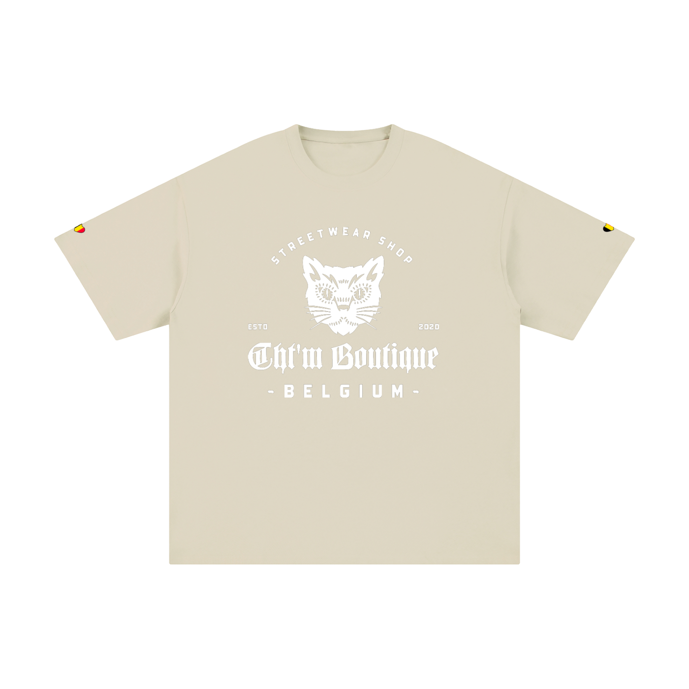T-shirt oversized logo chat gothique en abricot clair, imprimé blanc CHT'M Belgium, vue de face