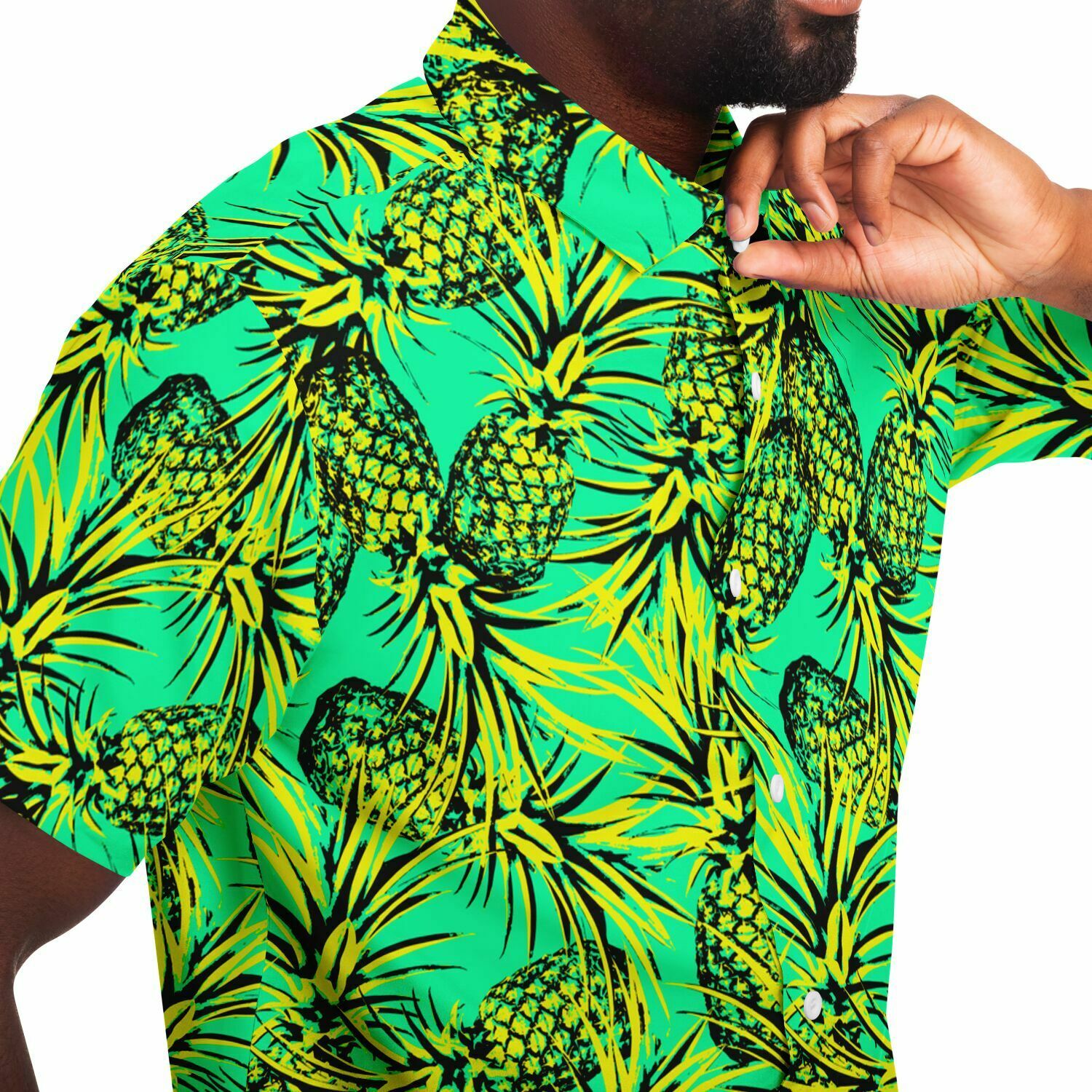 Chemise homme manches courtes vert fluo à ananas, gros plan sur le tissu