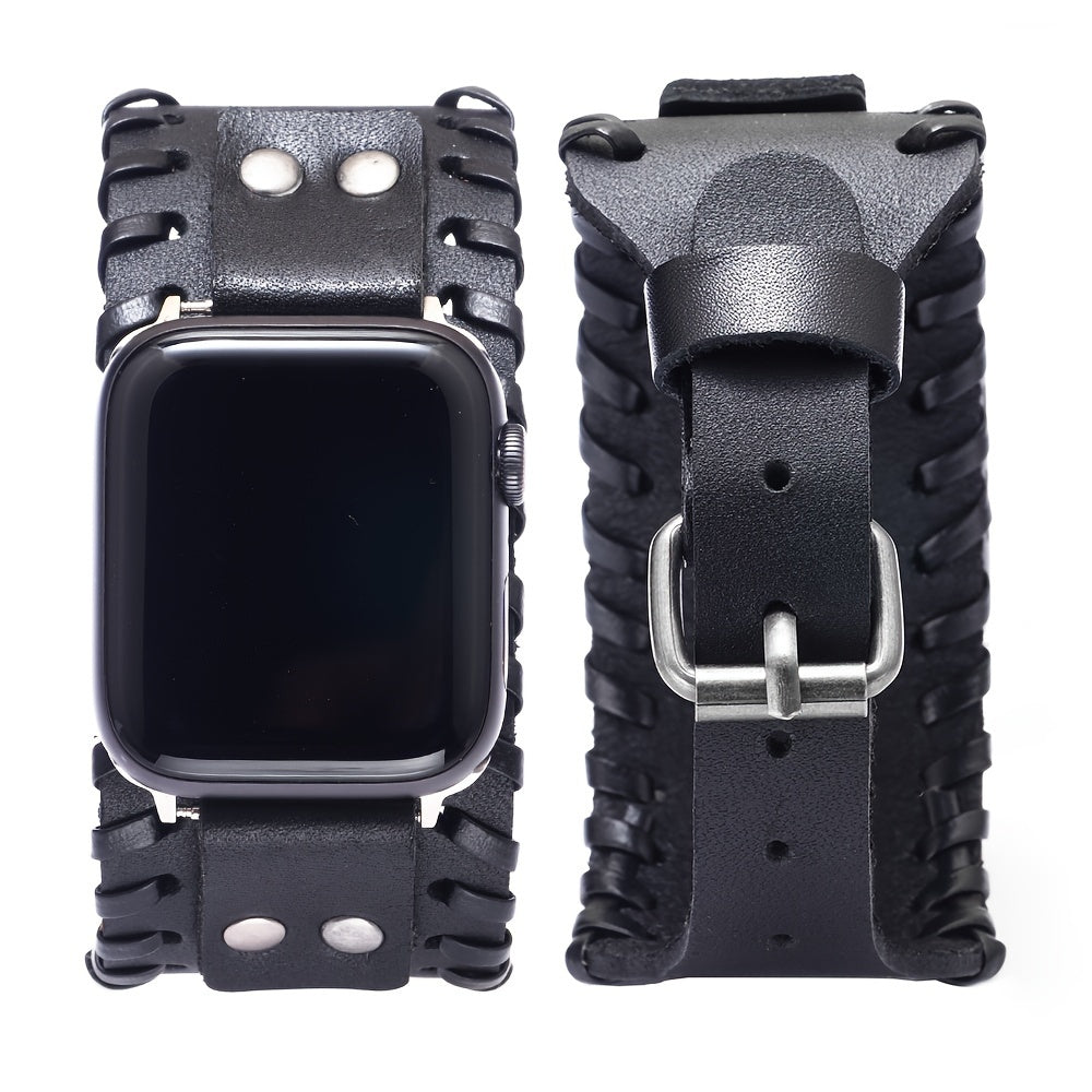 Bracelet Apple Watch manchette en cuir style punk, coloris noir