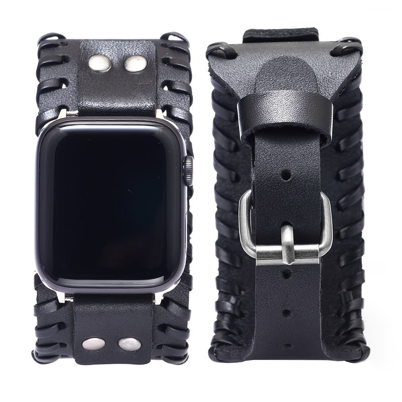 Bracelet Apple Watch manchette en cuir style punk, coloris noir