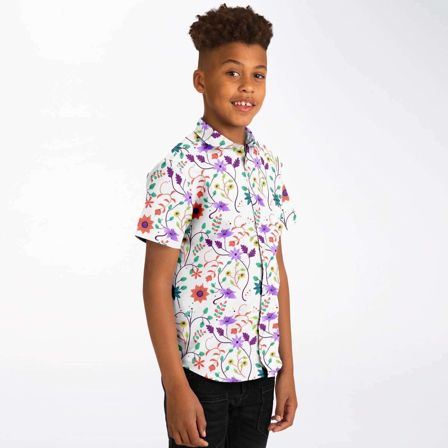 Chemise garçon originale fleurs de couleurs manches courtes