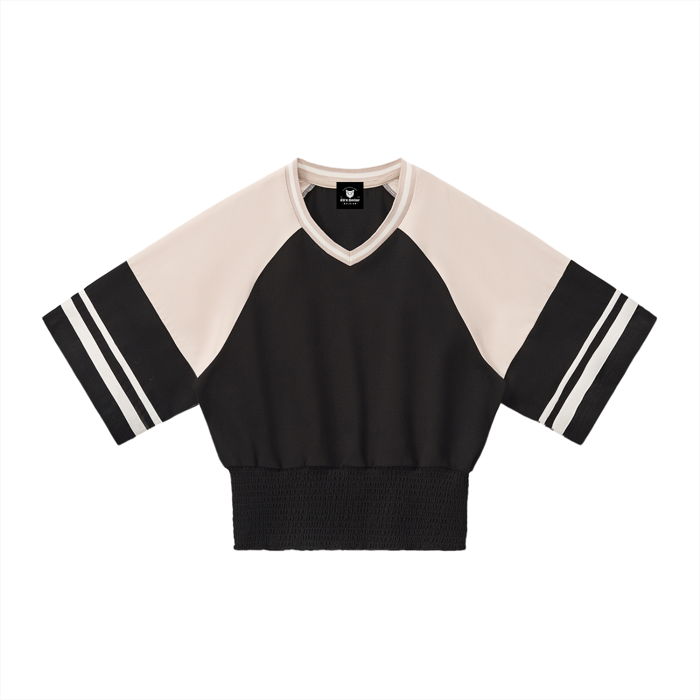 Packshot face du sweat crop raglan original femme noir / abricot
