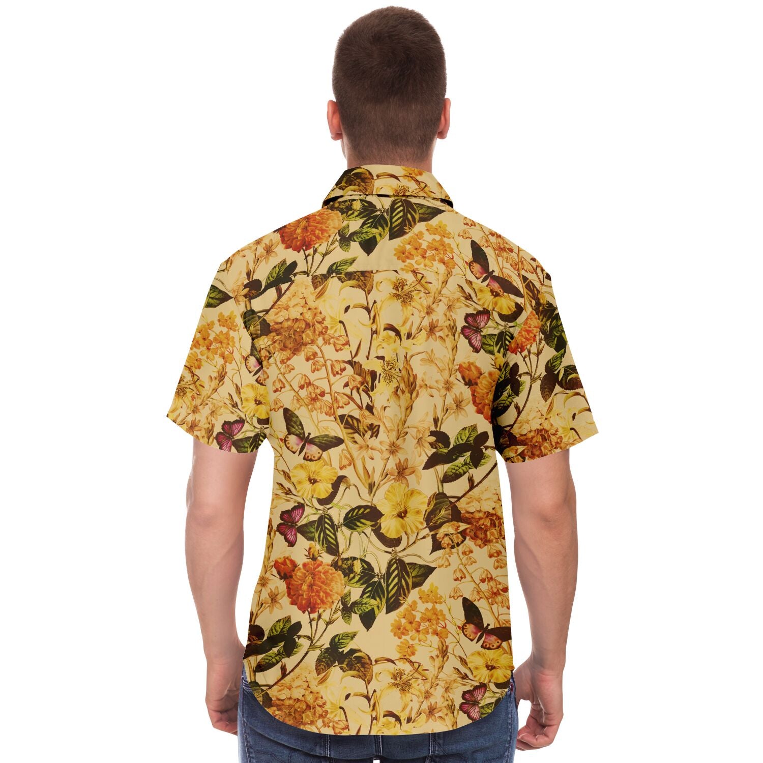 Chemise homme manches courtes ocre à fleurs jaunes, portée, vue de dos
