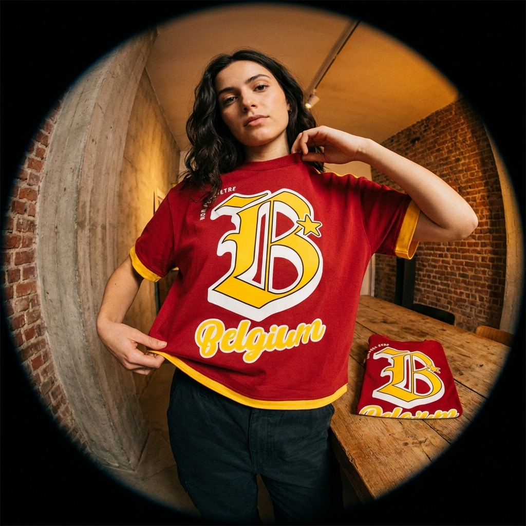 Femme portant le t-shirt belge rouge et jaune Belgium B, grand B gothique sur la poitrine
