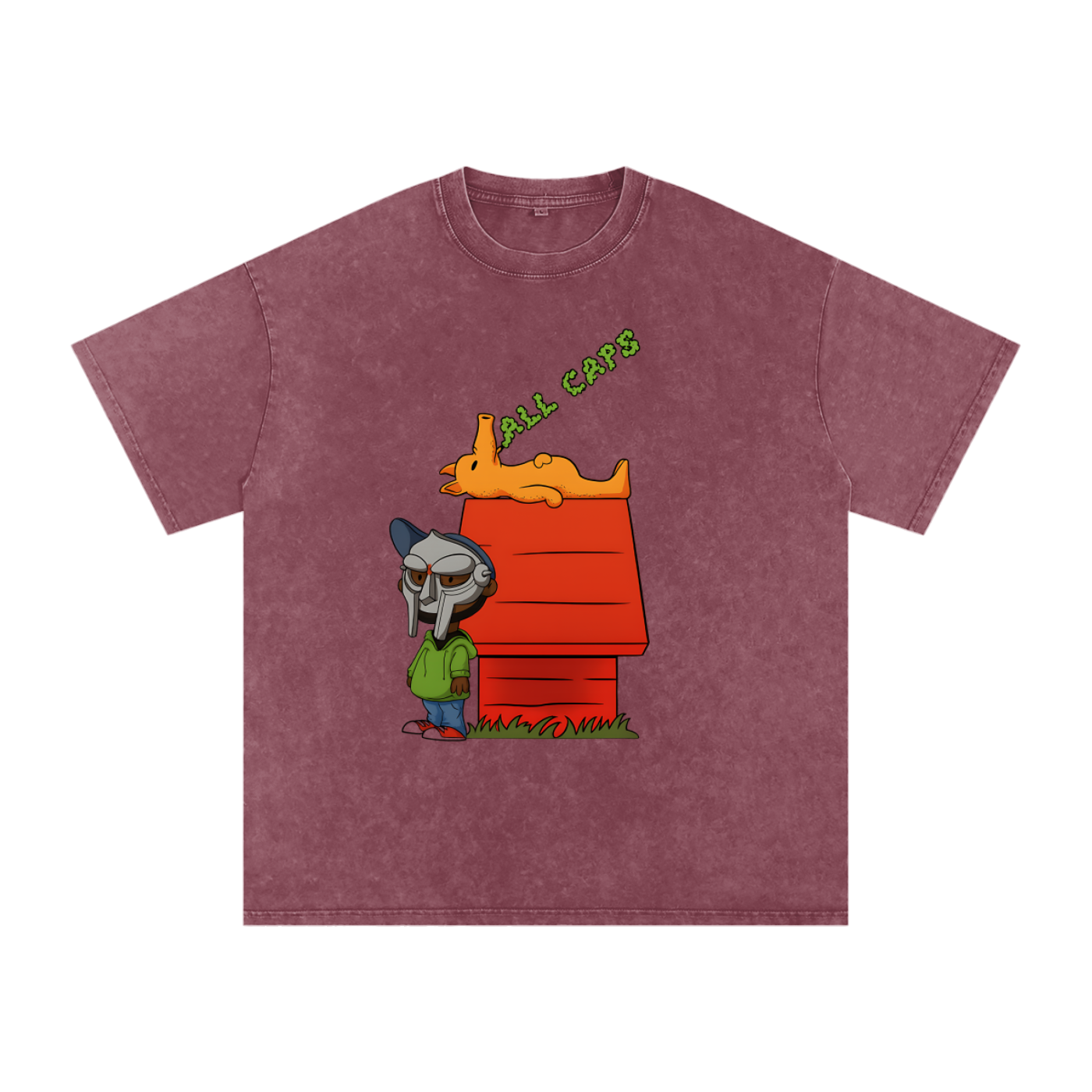 T-shirt oversized hommage MF DOOM en rouge snow wash - scène cartoon All Caps et masque métallique