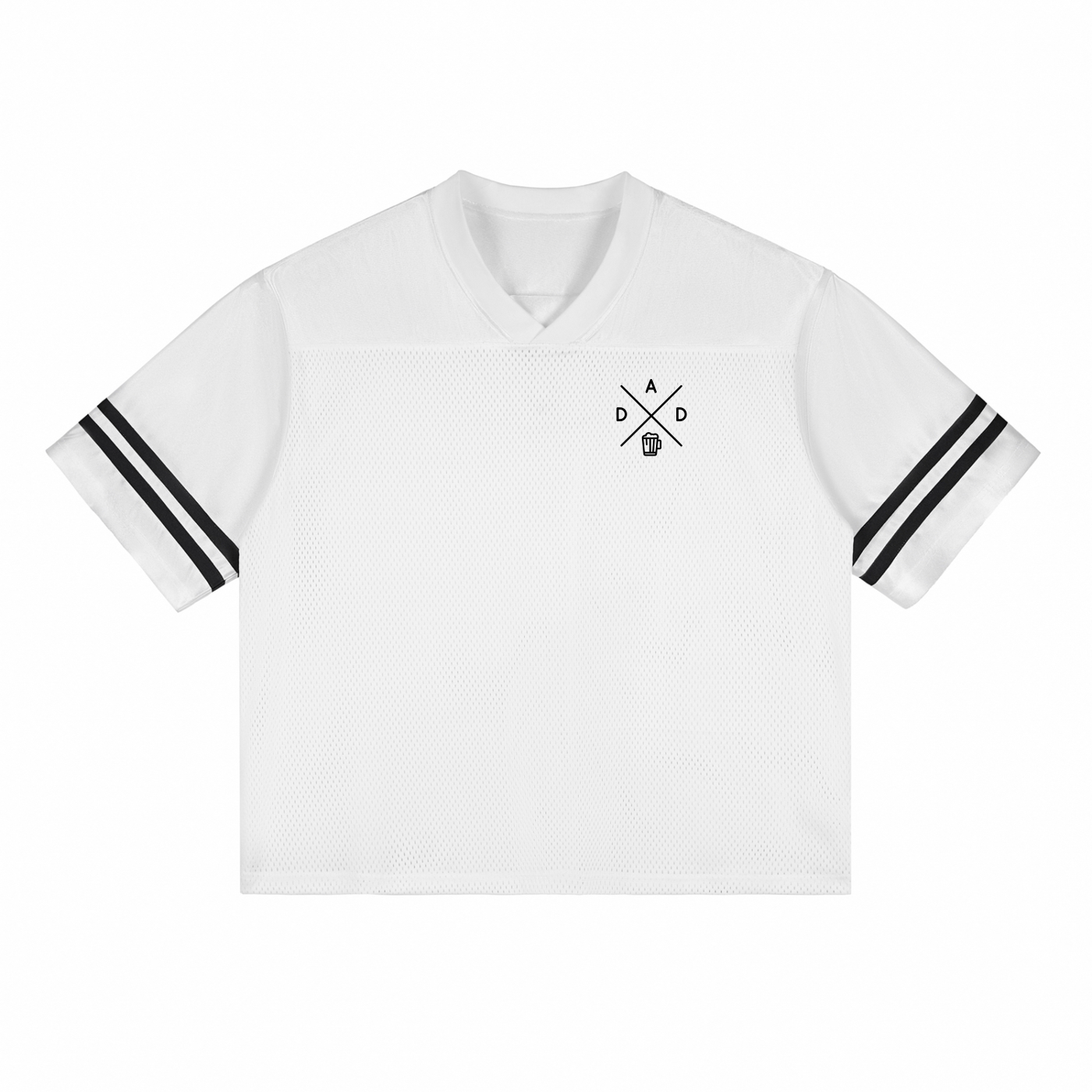 Maillot mesh oversized DAD Beer blanc - col V, bandes noires sur les bras et logo croix chope