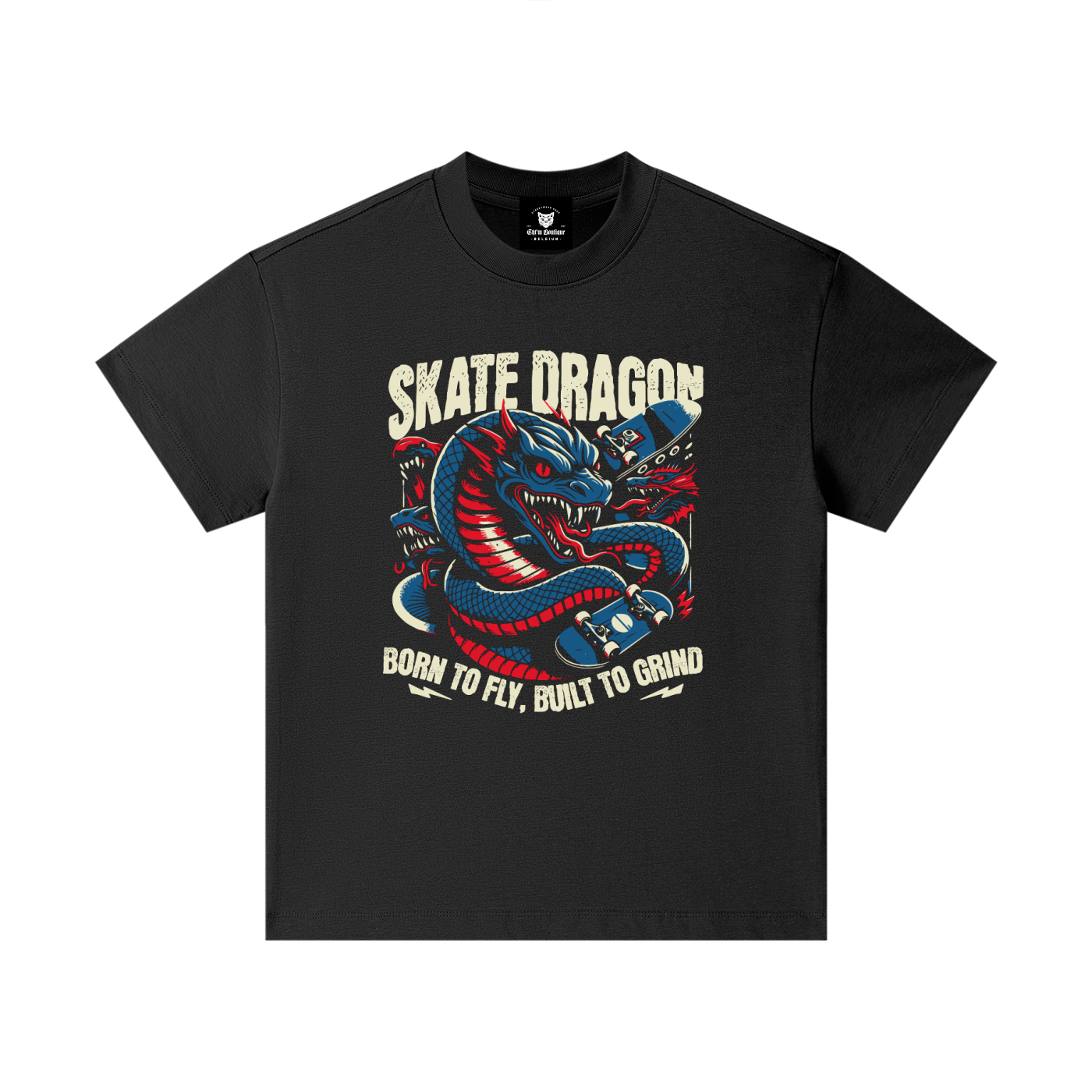 T-shirt enfant oversized Skate Dragon en noir, dragon multi-têtes et slogan Born to fly