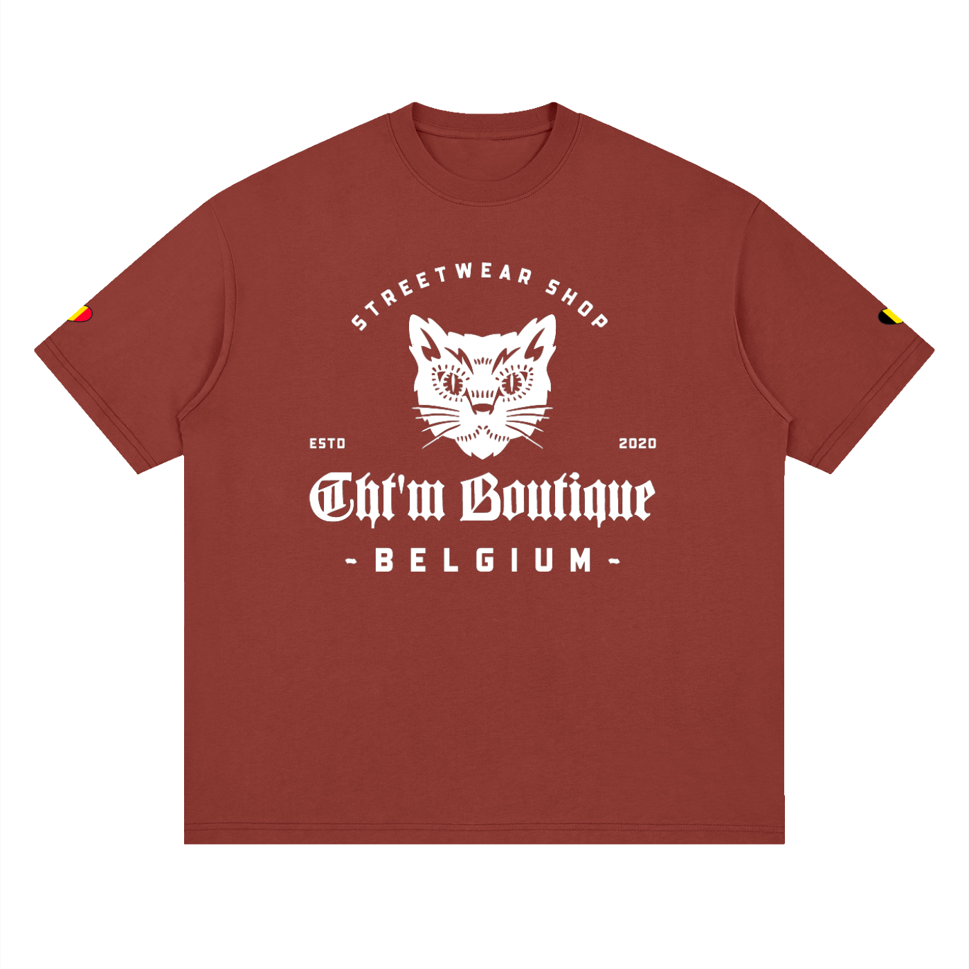 T-shirt oversized logo chat félin en rouge brique, imprimé blanc CHT'M Belgium, vue de face