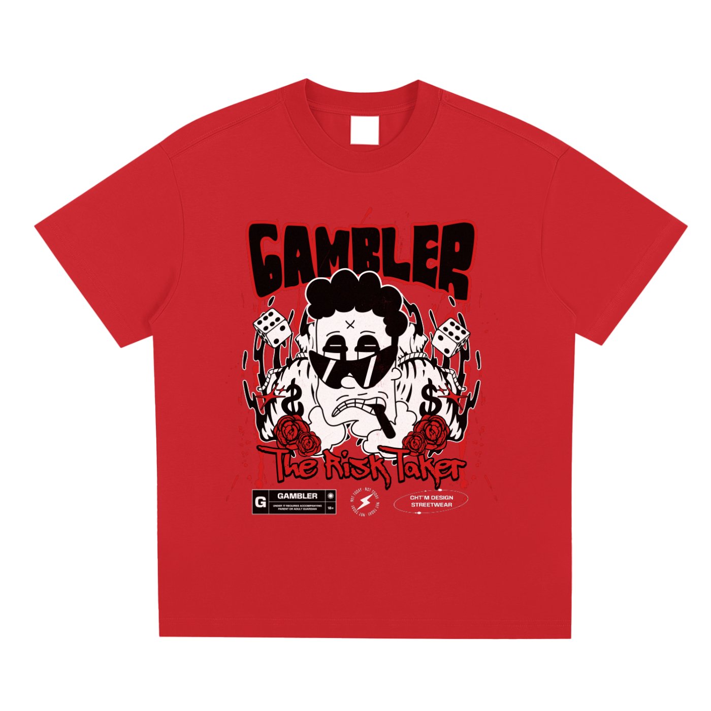 T-shirt oversized Gambler The Risk Taker en rouge - imprimé blanc et noir avec roses et éclaboussures