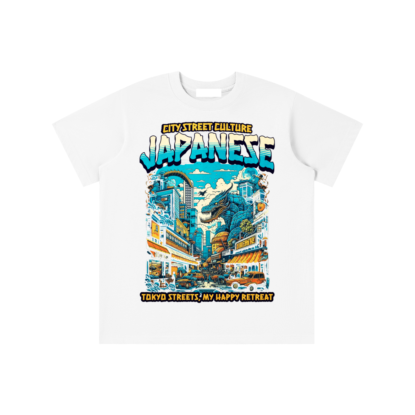 T-shirt oversized enfant Japanese en blanc - imprimé rue de Tokyo illustrée en couleurs